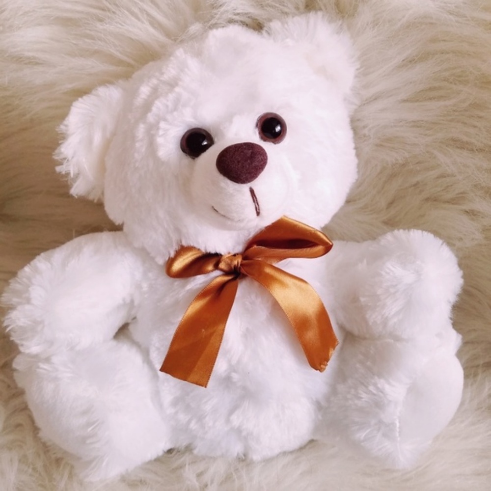 Fluffy White Teddy Bear Stuffed Animal w/ Neck Bow